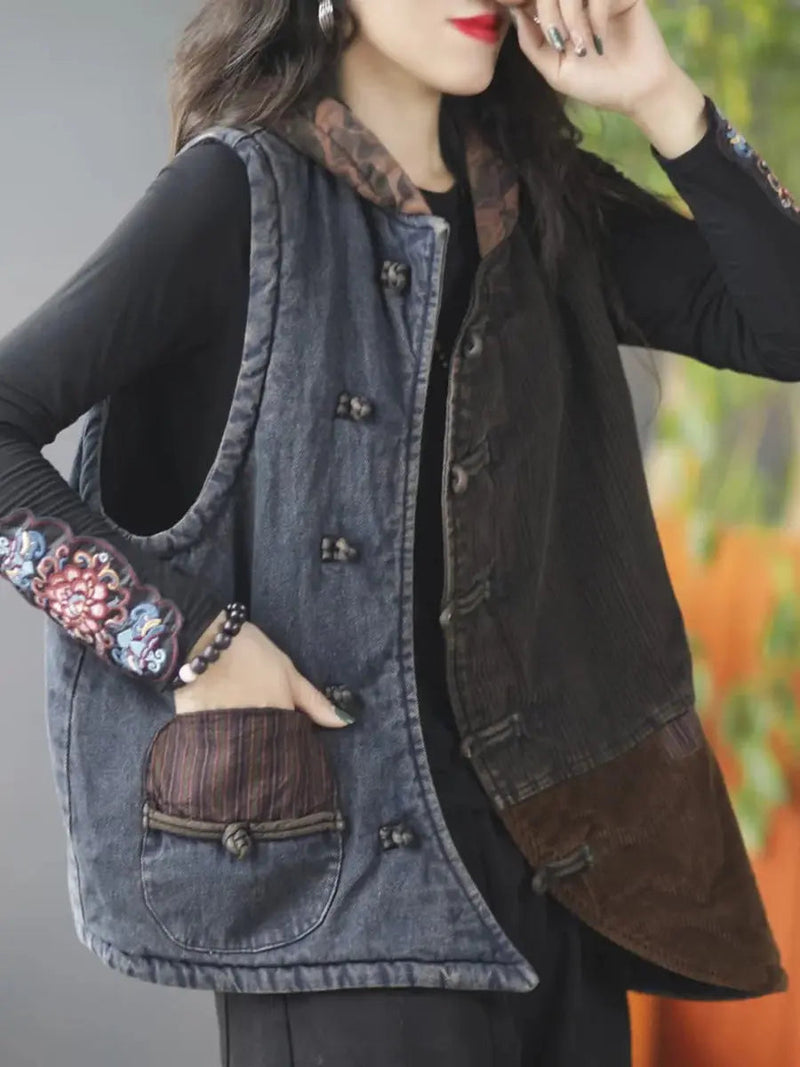 Spliced Corduroy Hooded Vest Coat