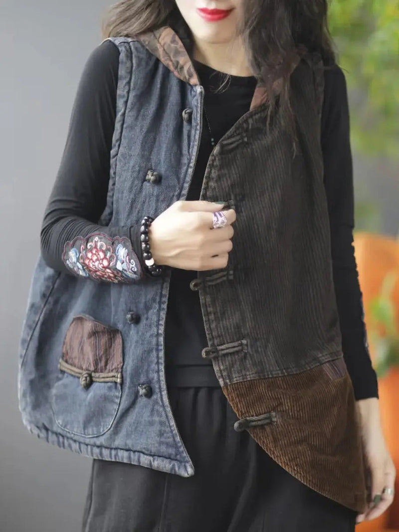 Spliced Corduroy Hooded Vest Coat