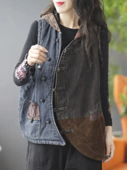 Spliced Corduroy Hooded Vest Coat