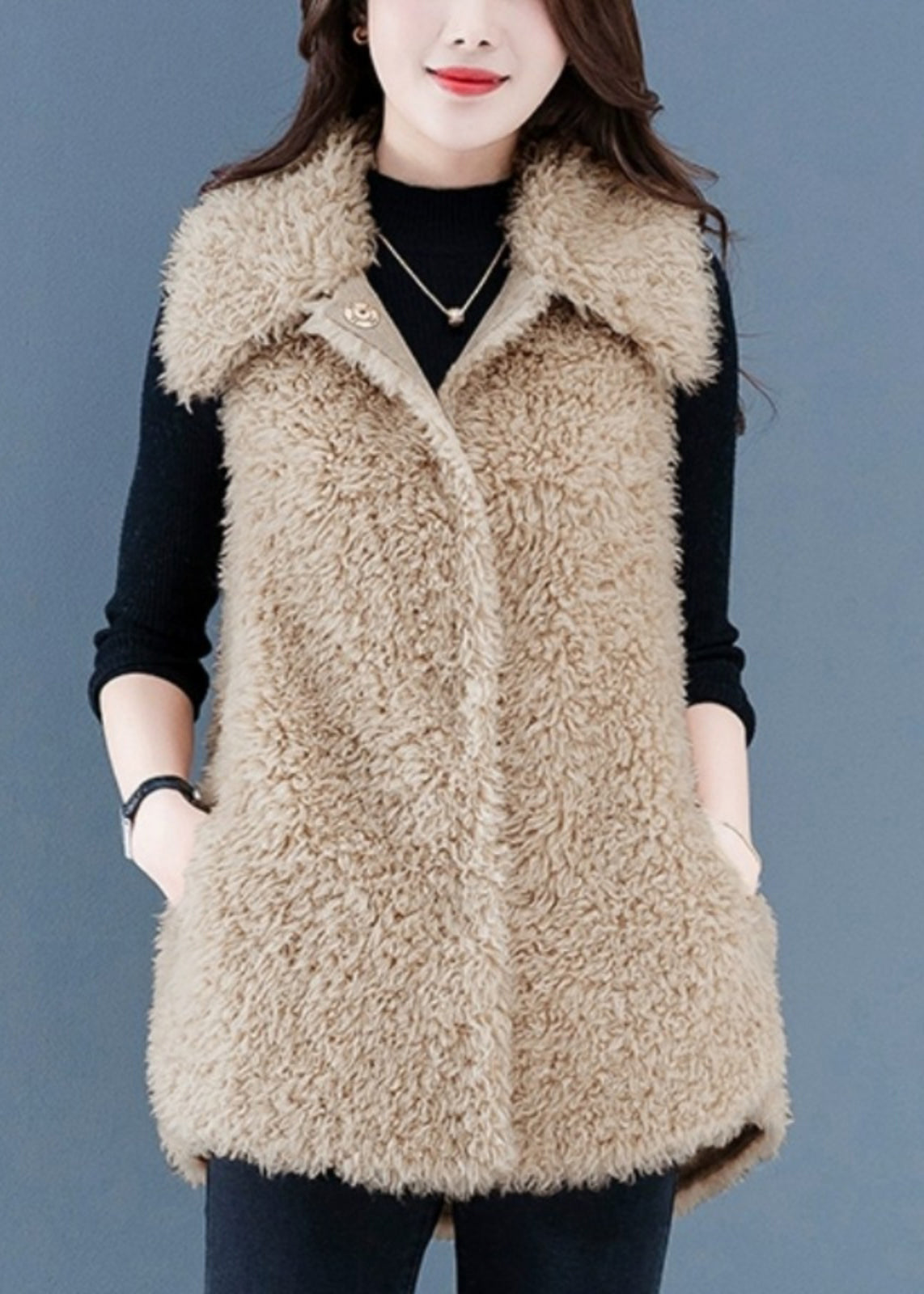 Beige Button Pockets Teddy Faux Fur Waistcoat Sleeveless Er032