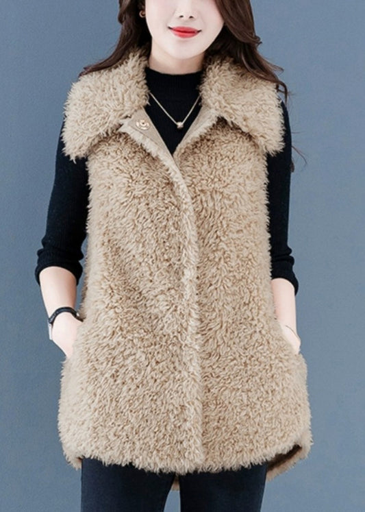 Beige Button Pockets Teddy Faux Fur Waistcoat Sleeveless Er032