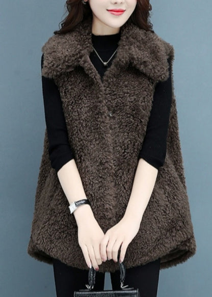 Beige Button Pockets Teddy Faux Fur Waistcoat Sleeveless Er032