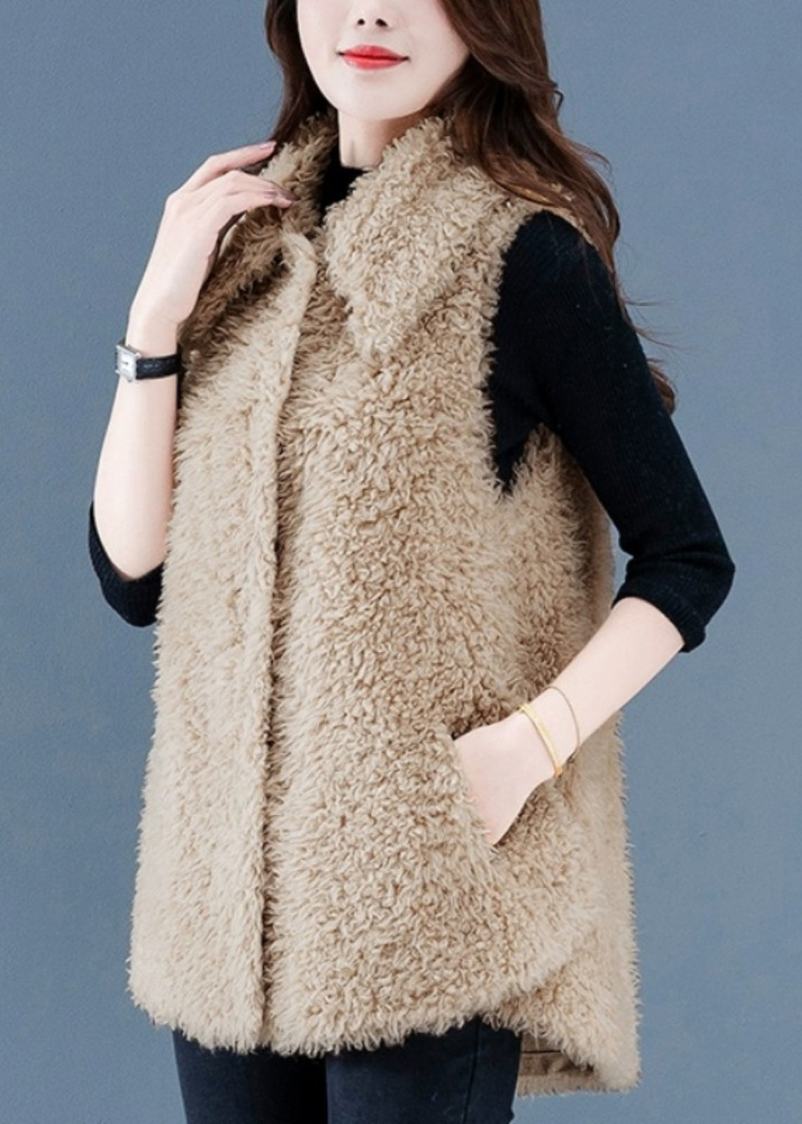 Beige Button Pockets Teddy Faux Fur Waistcoat Sleeveless Er032