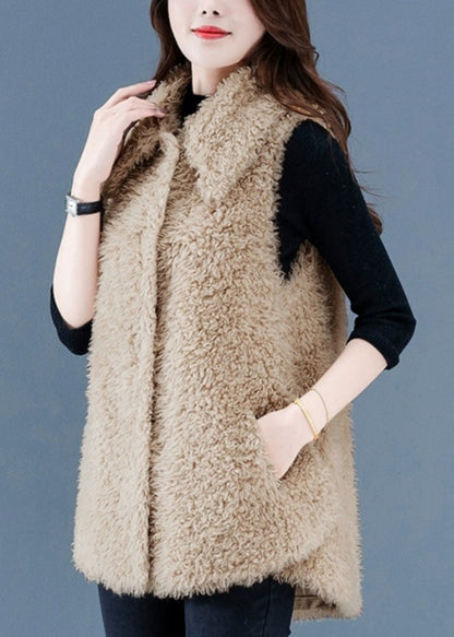 Beige Button Pockets Teddy Faux Fur Waistcoat Sleeveless Er032