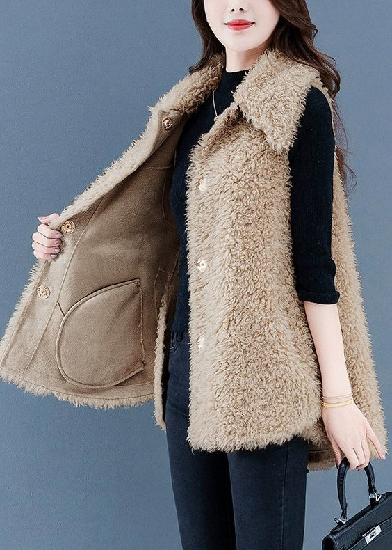 Beige Button Pockets Teddy Faux Fur Waistcoat Sleeveless Er032