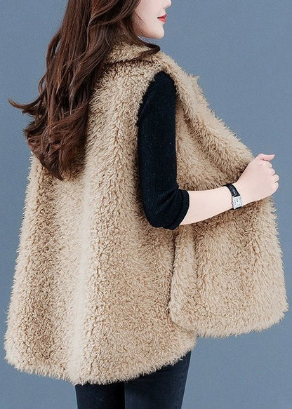 Beige Button Pockets Teddy Faux Fur Waistcoat Sleeveless Er032