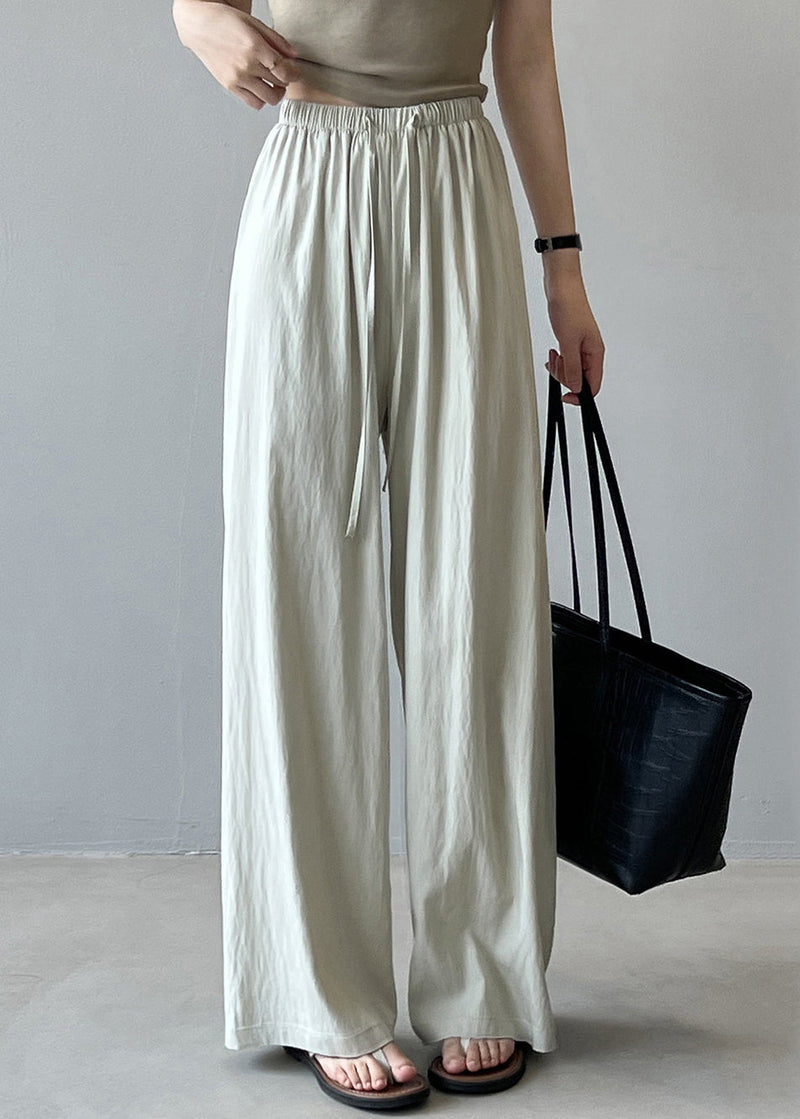 Beige Drawstring Draping Cotton Straight Pants Fall Qb002
