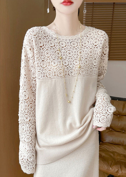 Beige Hollow Out Wool Knit Sweater Winter Wq038