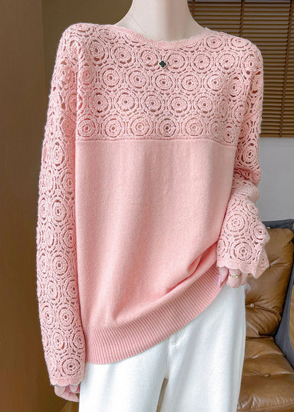 Beige Hollow Out Wool Knit Sweater Winter Wq038