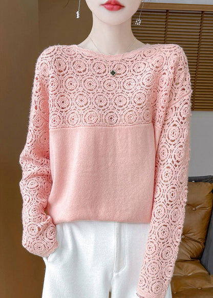 Beige Hollow Out Wool Knit Sweater Winter Wq038