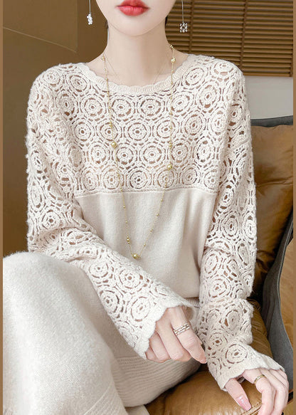 Beige Hollow Out Wool Knit Sweater Winter Wq038