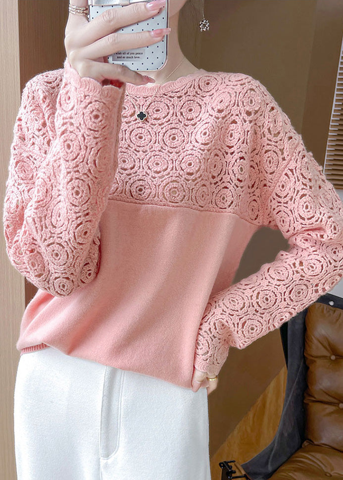 Beige Hollow Out Wool Knit Sweater Winter Wq038