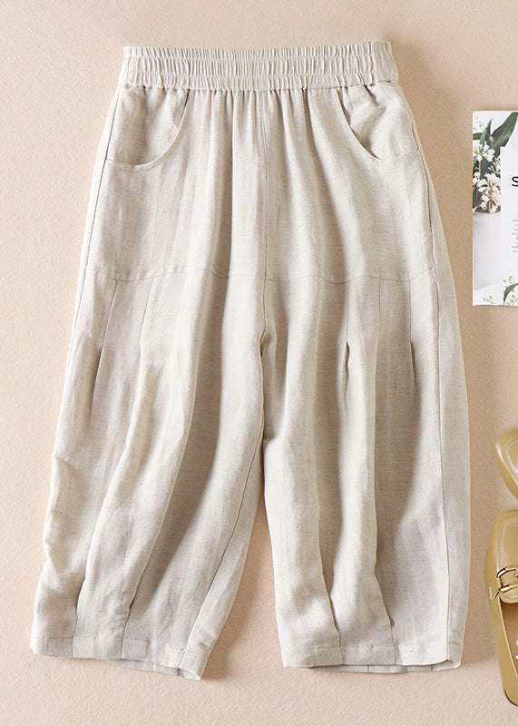 Beige Pockets Wrinkled Elastic Waist Cotton Shorts Summer Am1039