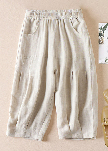 Beige Pockets Wrinkled Elastic Waist Cotton Shorts Summer Am1039