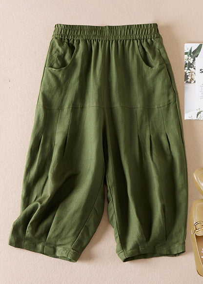 Beige Pockets Wrinkled Elastic Waist Cotton Shorts Summer Am1039