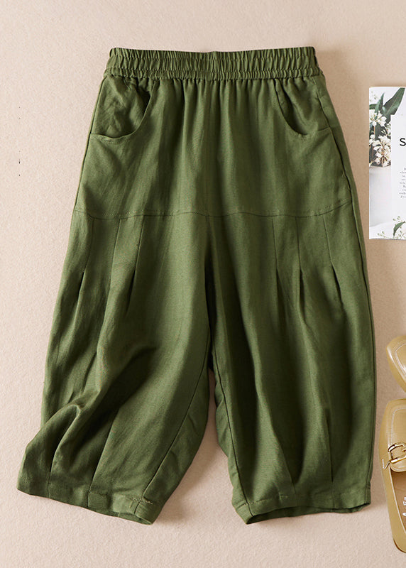 Beige Pockets Wrinkled Elastic Waist Cotton Shorts Summer Am1039