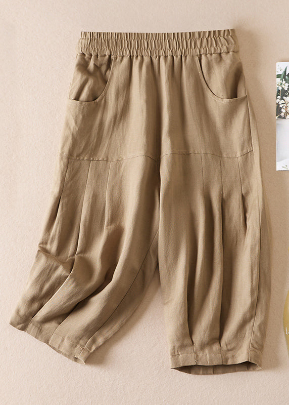 Beige Pockets Wrinkled Elastic Waist Cotton Shorts Summer Am1039