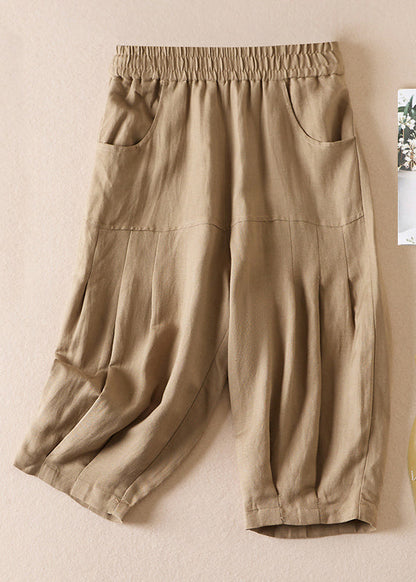 Beige Pockets Wrinkled Elastic Waist Cotton Shorts Summer Am1039