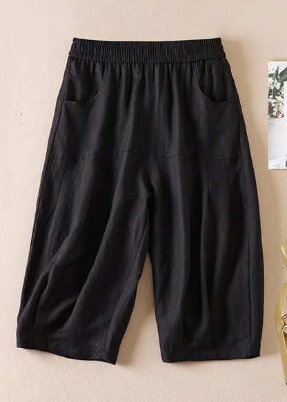 Beige Pockets Wrinkled Elastic Waist Cotton Shorts Summer Am1039