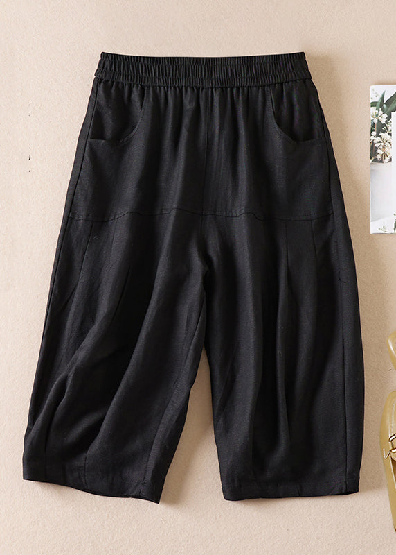 Beige Pockets Wrinkled Elastic Waist Cotton Shorts Summer Am1039