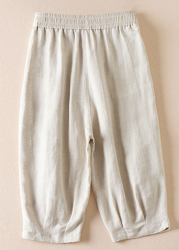 Beige Pockets Wrinkled Elastic Waist Cotton Shorts Summer Am1039