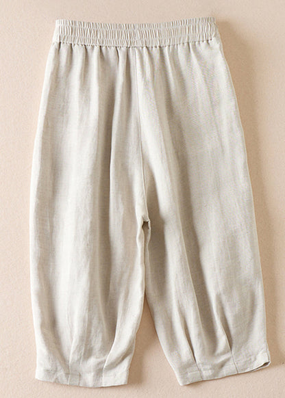 Beige Pockets Wrinkled Elastic Waist Cotton Shorts Summer Am1039