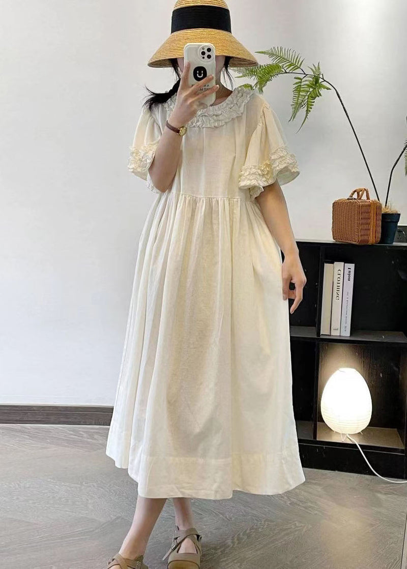 Beige Ruffled Patchwork Cotton Long Dresses Summer Ff008