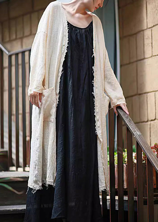 Beige Tasseled Pockets Linen Cardigan Long Sleeve Lk007