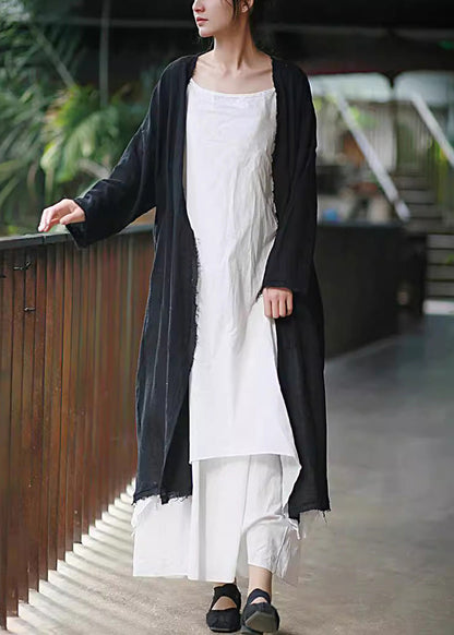 Beige Tasseled Pockets Linen Cardigan Long Sleeve Lk007