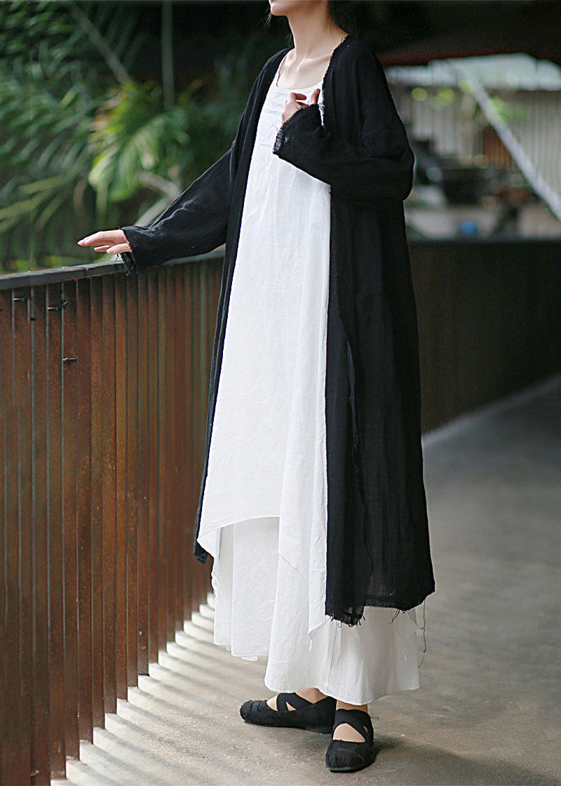 Beige Tasseled Pockets Linen Cardigan Long Sleeve Lk007