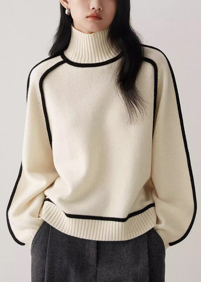 Beige Turtleneck Cozy Patchwork Knit Sweater Spring Yw048