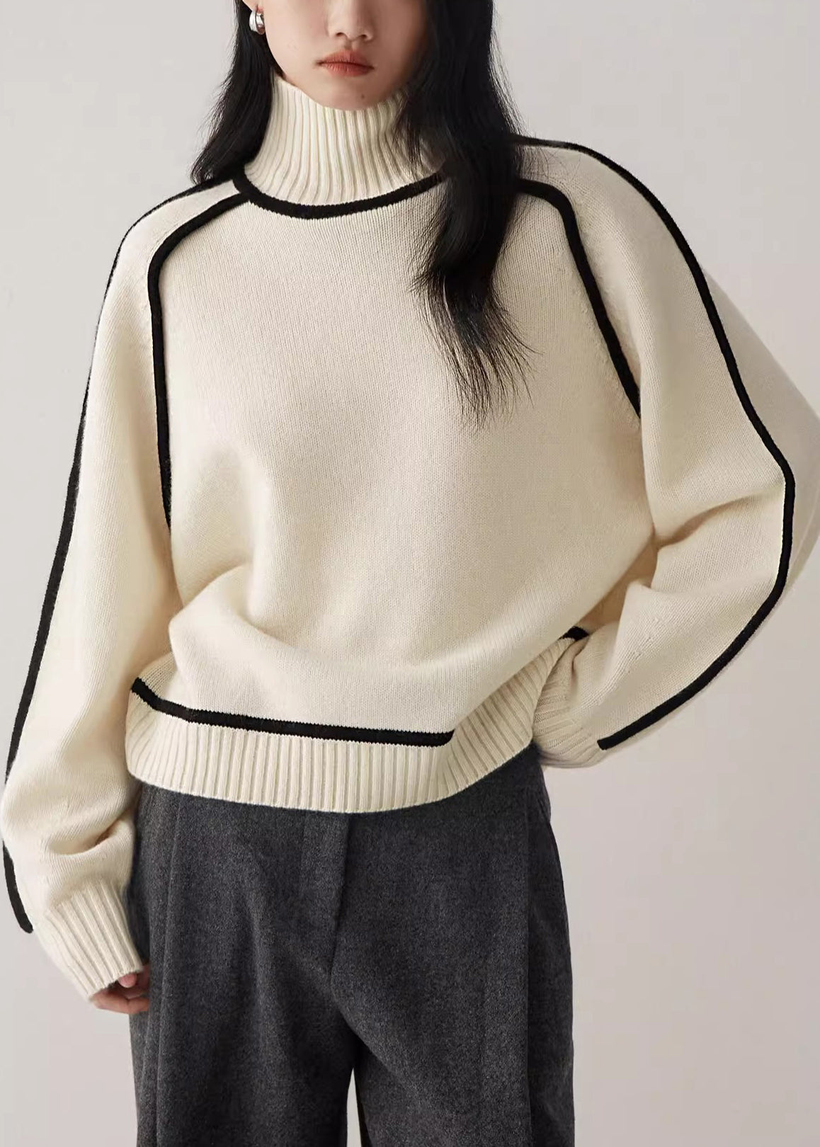 Beige Turtleneck Cozy Patchwork Knit Sweater Spring Yw048