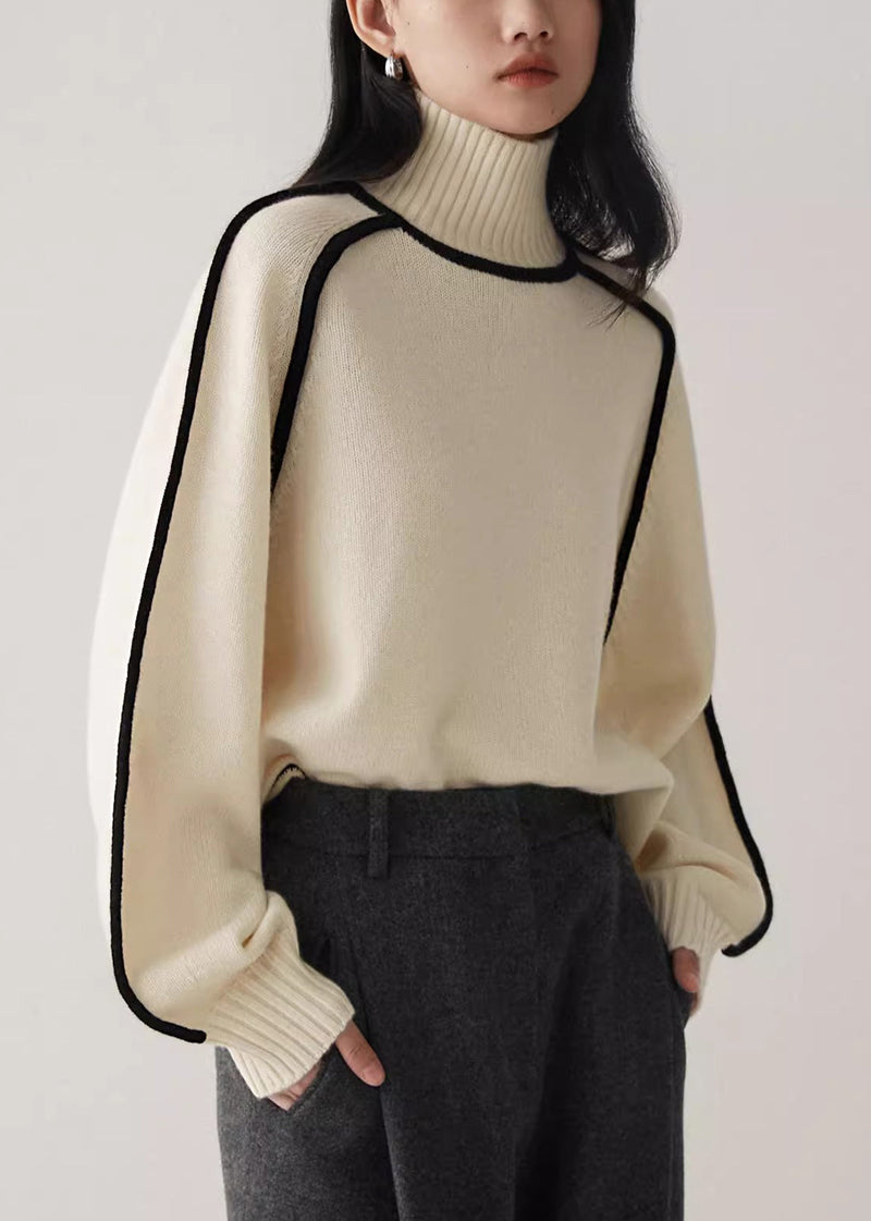 Beige Turtleneck Cozy Patchwork Knit Sweater Spring Yw048
