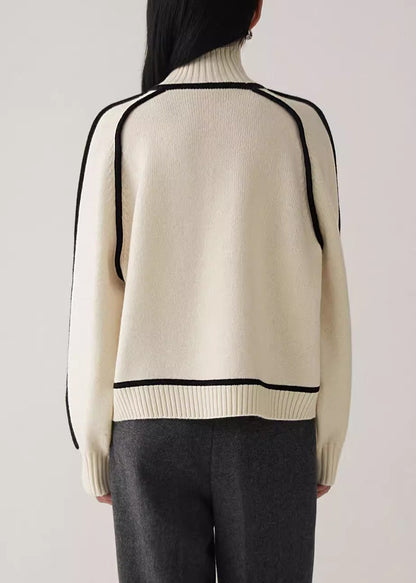 Beige Turtleneck Cozy Patchwork Knit Sweater Spring Yw048