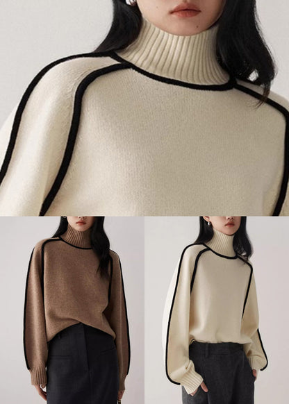 Beige Turtleneck Cozy Patchwork Knit Sweater Spring Yw048