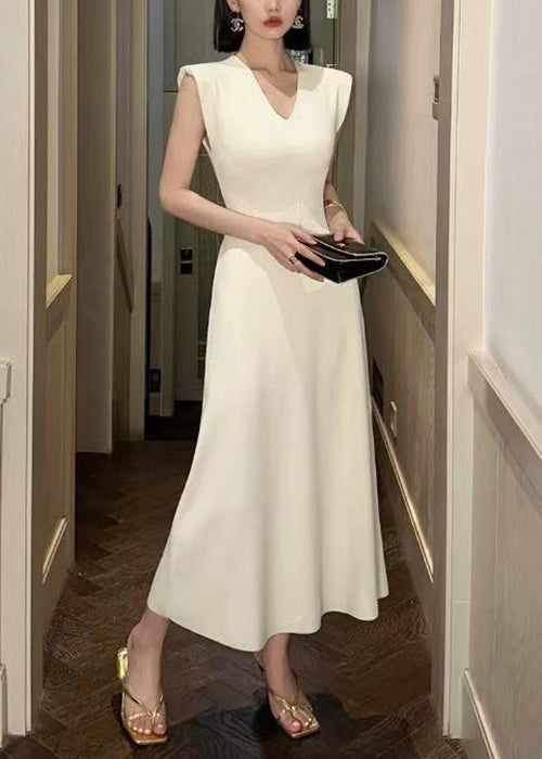 Beige V Neck Cotton Long Dresses Sleeveless Zl019