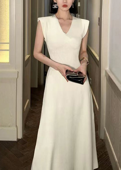 Beige V Neck Cotton Long Dresses Sleeveless Zl019