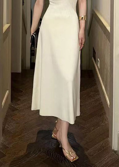 Beige V Neck Cotton Long Dresses Sleeveless Zl019