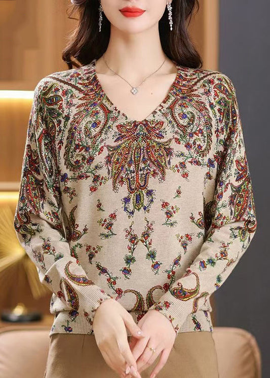 Beige V Neck Zircon Print Woolen Sweater Tops Spring Tq001