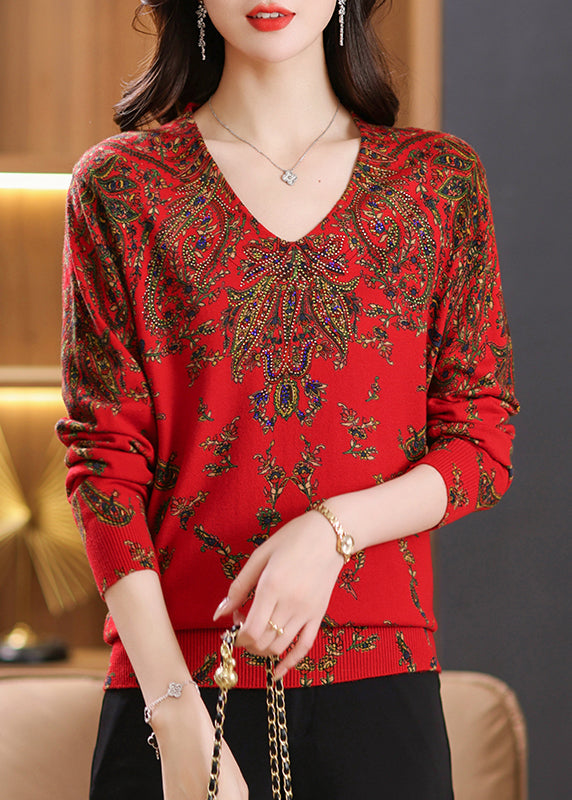 Beige V Neck Zircon Print Woolen Sweater Tops Spring Tq001