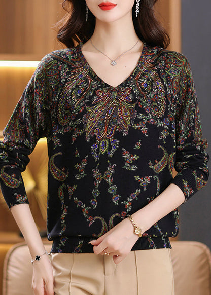 Beige V Neck Zircon Print Woolen Sweater Tops Spring Tq001