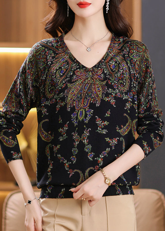 Beige V Neck Zircon Print Woolen Sweater Tops Spring Tq001