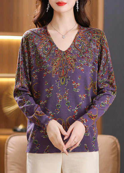 Beige V Neck Zircon Print Woolen Sweater Tops Spring Tq001