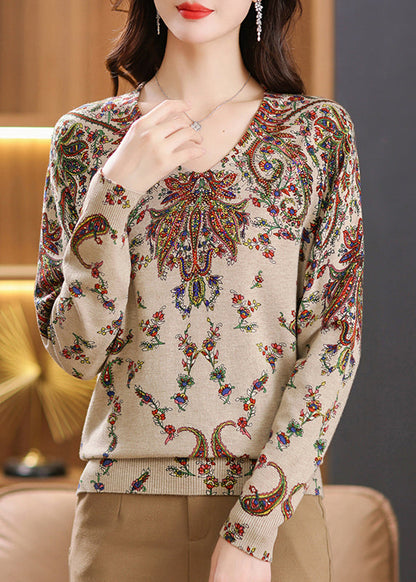 Beige V Neck Zircon Print Woolen Sweater Tops Spring Tq001