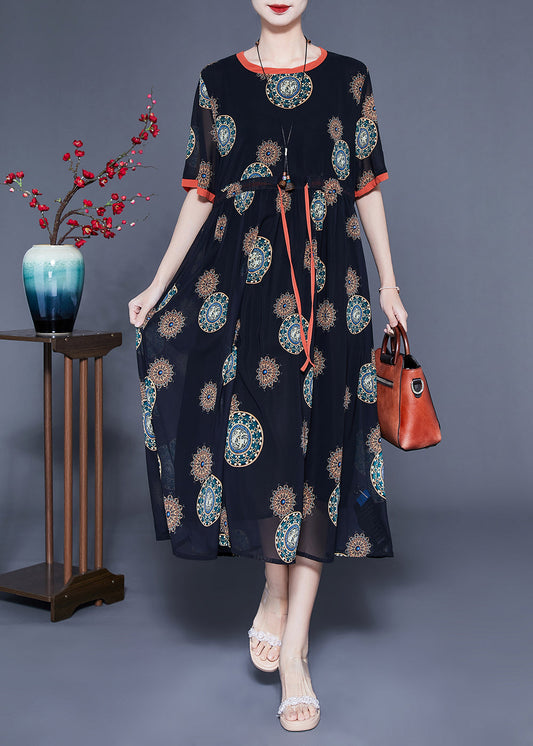 Black Cinched Print Chiffon Long Dress Summer Lc0411