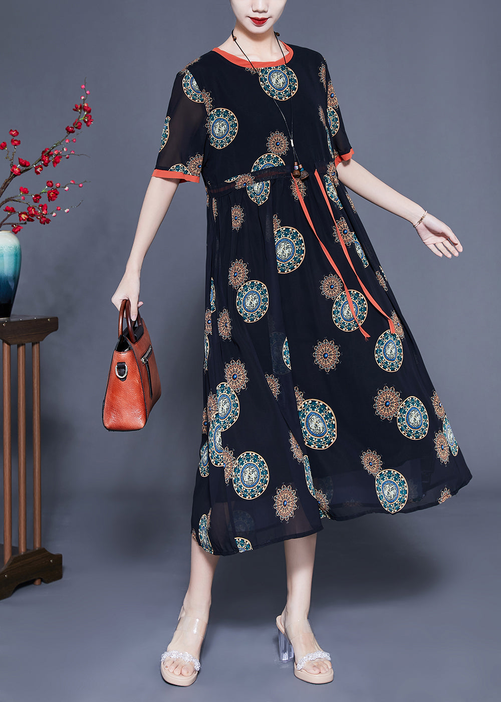 Black Cinched Print Chiffon Long Dress Summer Lc0411