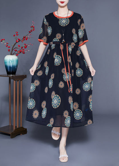 Black Cinched Print Chiffon Long Dress Summer Lc0411