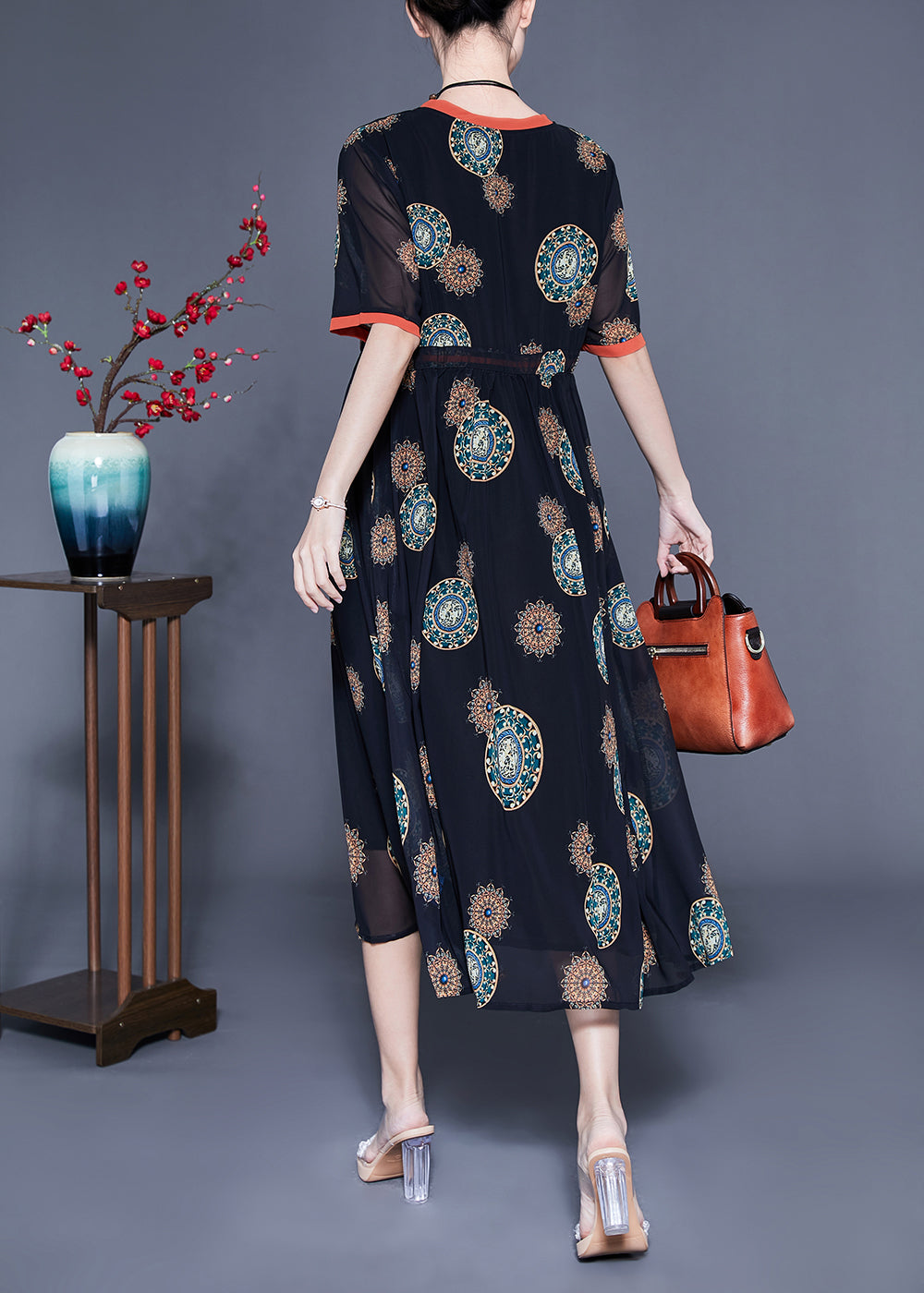 Black Cinched Print Chiffon Long Dress Summer Lc0411