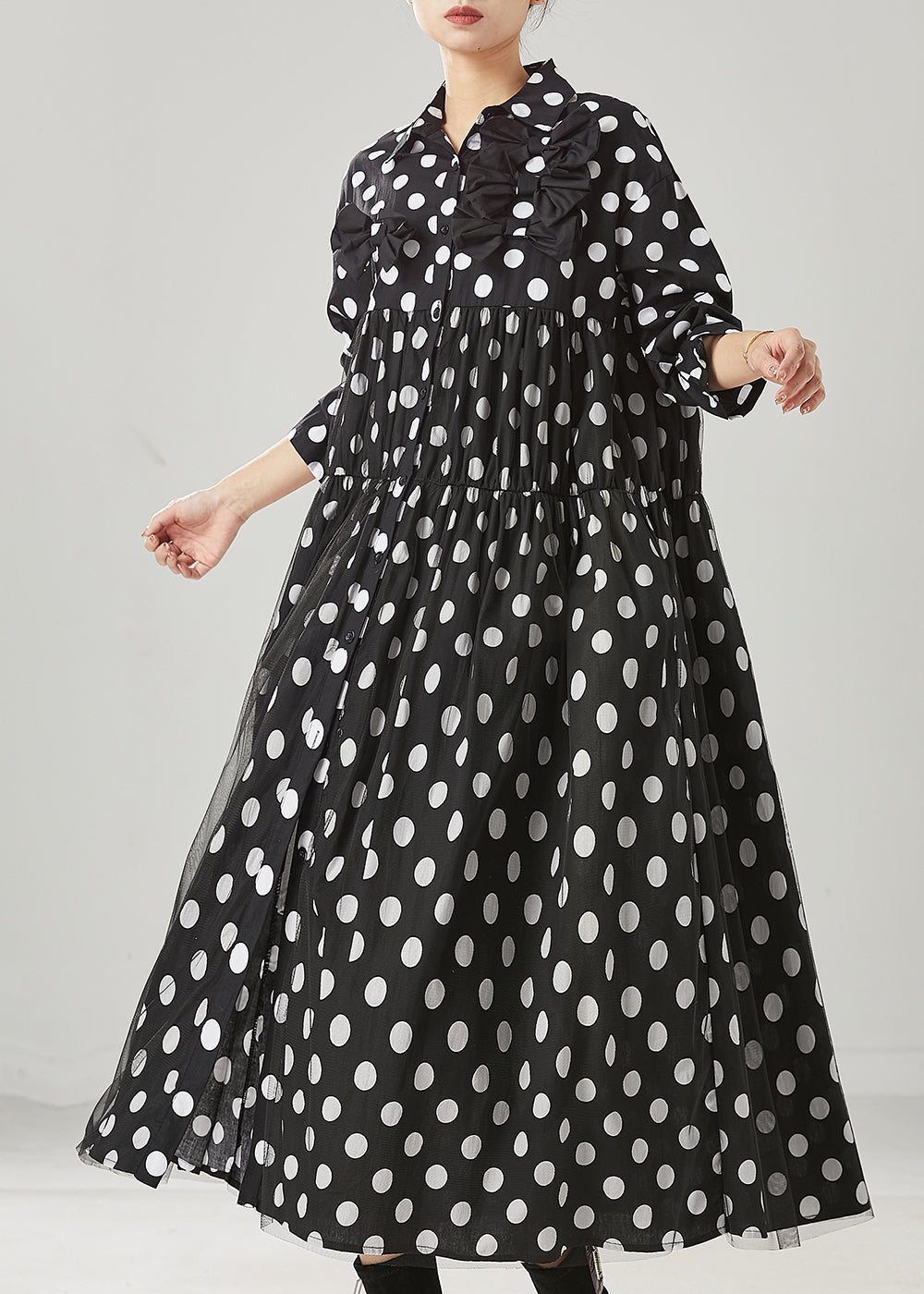 Black Dot Print Bow Tullle Long Dresses Spring Yu1005