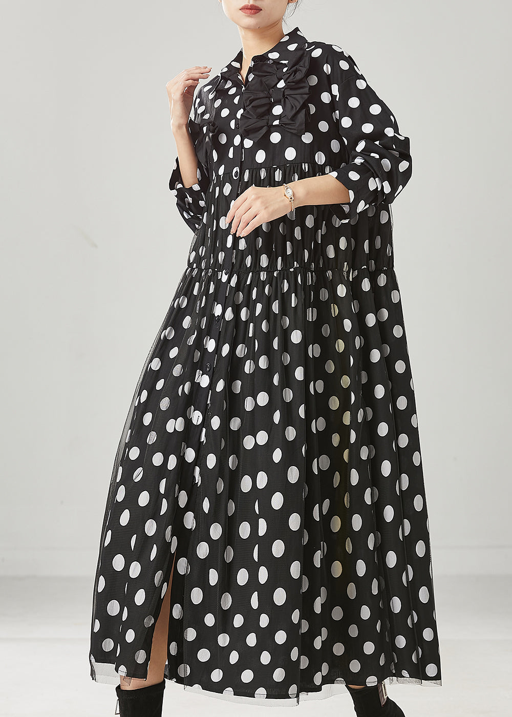 Black Dot Print Bow Tullle Long Dresses Spring Yu1005